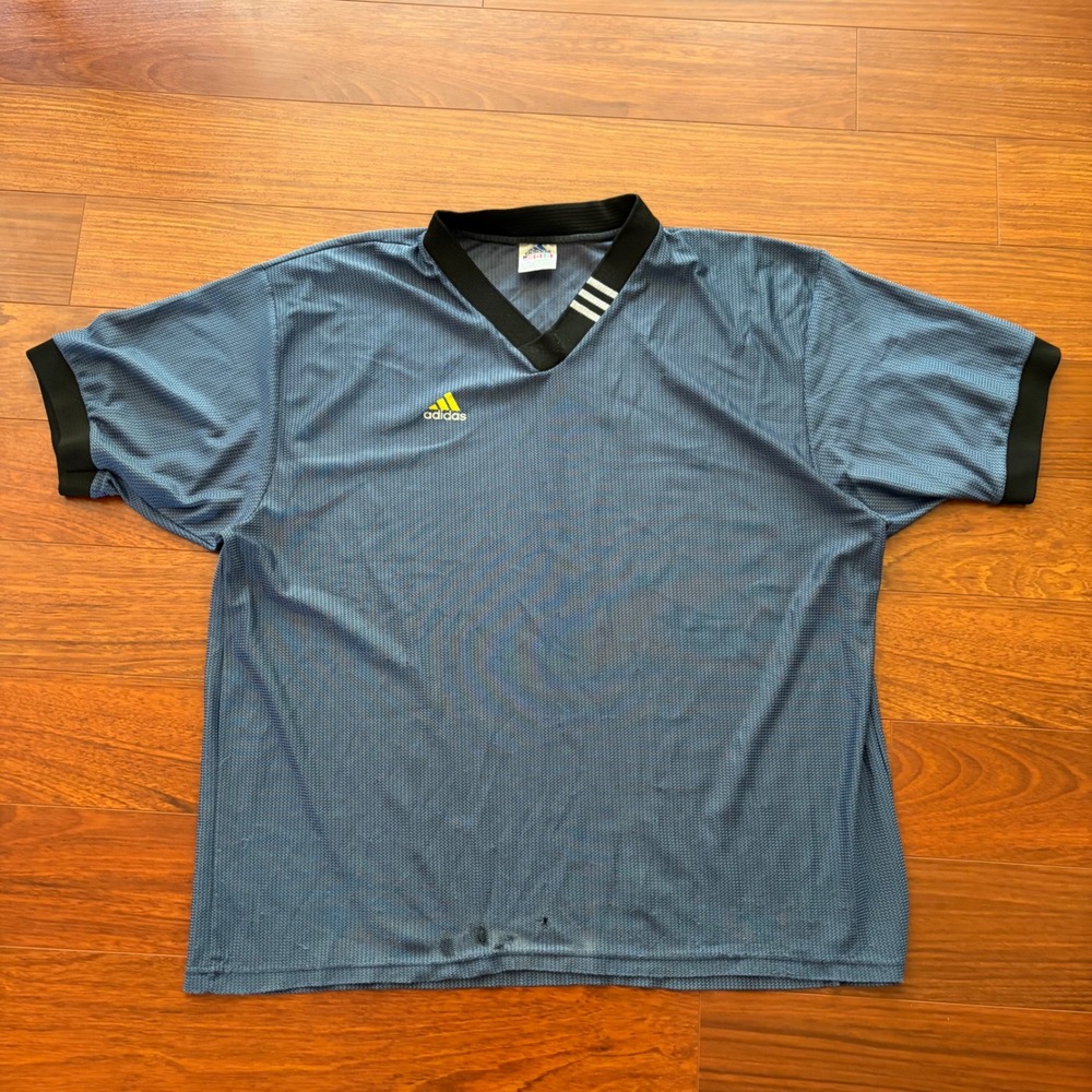 Vintage Adidas V-Neck Mesh Jersey Shirt Blue Embroidered Logo Streetwear Mens XL